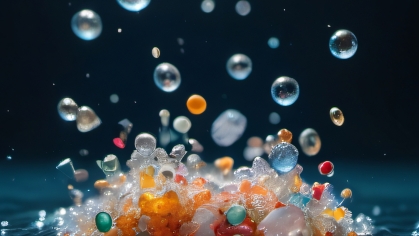 Photo of microplastic particles float in the water.