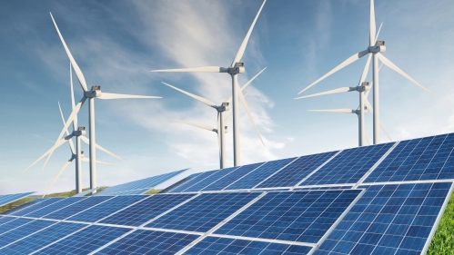 Solar panels and wind turbines.