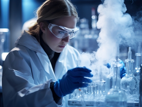 Female worker works with Liquid Nitrogen cryostorage in medical lab.