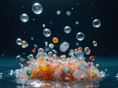 Photo of microplastic particles float in the water.