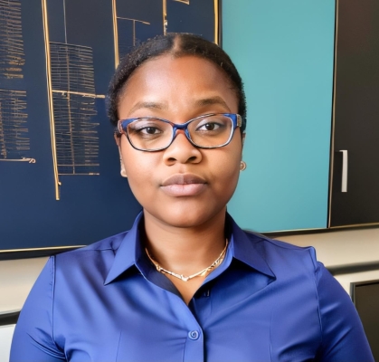 Headshot of Black woman with hair pulled back with glasses, wearing a blue blouse.